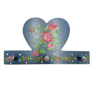 Vintage Blue Wooden Heart Floral Wall Rack Key Holder Organizer 3 Pegs 9”x5”
